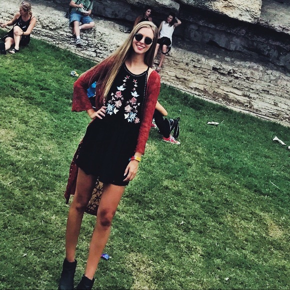 Boutique black dress/cover up with red/orange and light blue tribal detailing - Picture 1 of 7